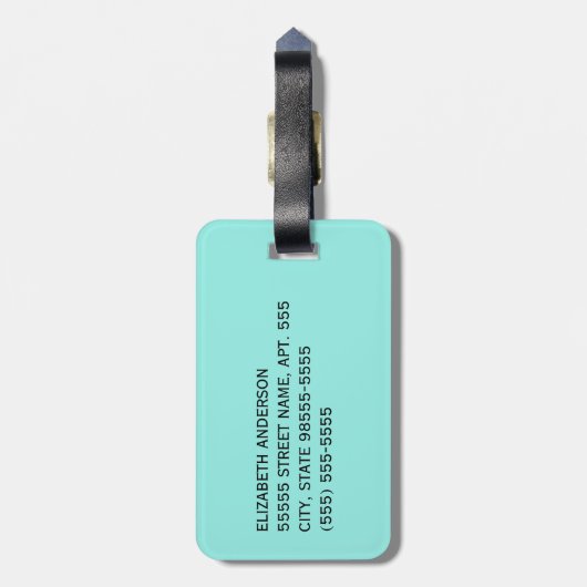 Girly Aqua Turquoise Damask White Ribbon met naam Bagagelabel (Achterkant verticaal)