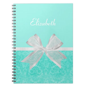 Girly Aqua Turquoise Damask White Ribbon met naam Notitieboek