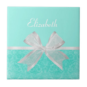 Girly Aqua Turquoise Damask White Ribbon met naam Tegeltje