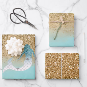 Girly Aqua Waterverf Gold Glitter Mermaid    Inpakpapier Vel