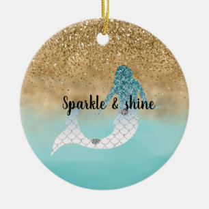 Girly Aqua Waterverf Gold Glitter Mermaid Keramisch Ornament
