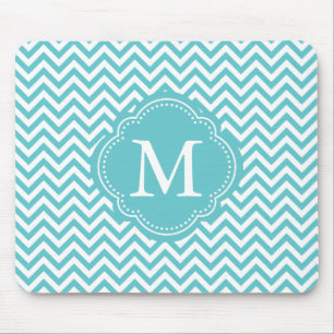 Girly Aqua White Chevron Stripes Monogram Muismat