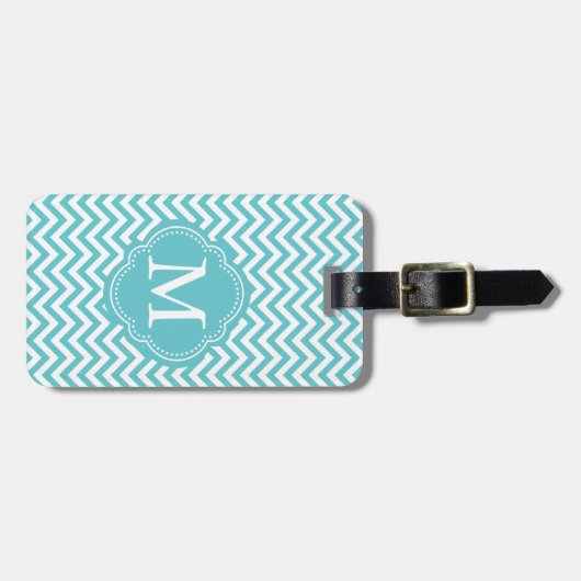 Girly Aqua Witte Chevron Strepen Monogram Bagagelabel (Voorkant horizontaal)
