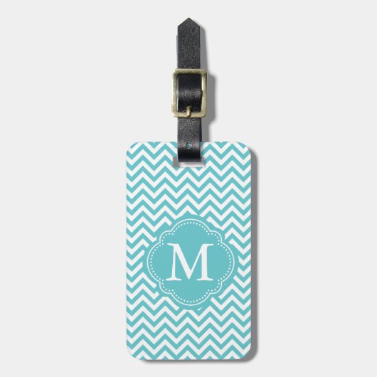 Girly Aqua Witte Chevron Strepen Monogram Bagagelabel (Voorkant verticaal)