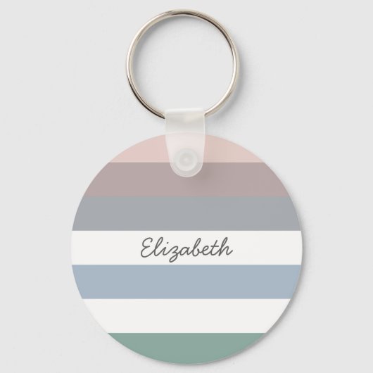 Girly Beige Blue Wide Horizontal Stripes met naam Sleutelhanger (Voorkant)