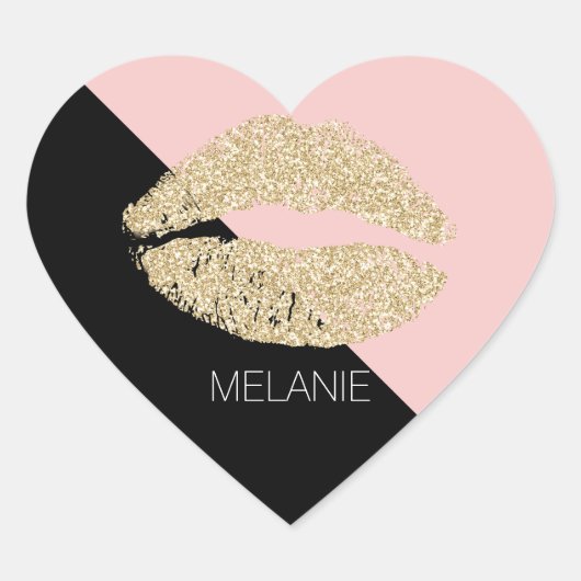 Girly Black Blush Pink Chic Glitter Lips Hart Sticker (Voorkant)