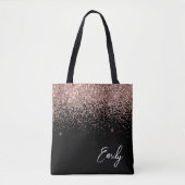 Girly Black Blush roze Rose Gold Glitter Monogram Draagtas (Voorkant)