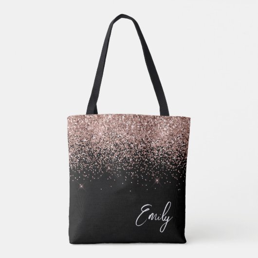 Girly Black Blush roze Rose Gold Glitter Monogram Draagtas (Achterkant)
