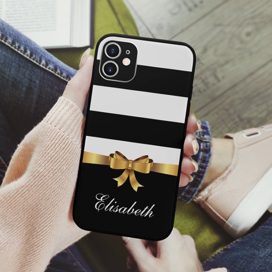 Girly Black Bold Stripes Golden BOW gepersonalisee Case-Mate iPhone Case