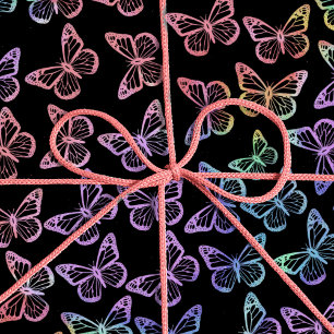 Girly Black Butterfly Pattern Iridescent Cadeaupapier