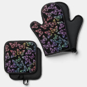  Girly Black Butterfly Pattern Iridescent Ovenwant & Pannenlap Set (Voorkant / Achterkant)