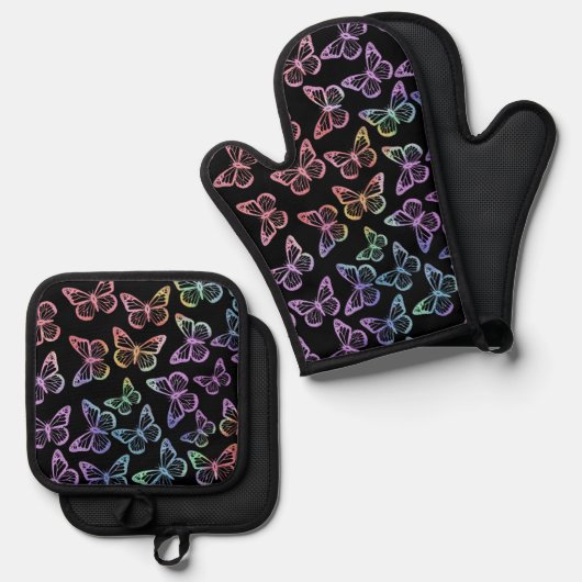  Girly Black Butterfly Pattern Iridescent Ovenwant & Pannenlap Set (Voorkant / Achterkant)