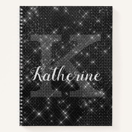 Girly Black Diamond Sparkle Chic Monogram Notitieboek (Voorkant)