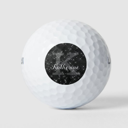 Girly Black Diamond Sparkle Cool Monogram Naam Golfballen (Voorkant)