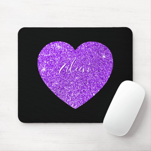 Girly Black en Paars Sparkly Faux Glitter Heart Muismat (Met muis)