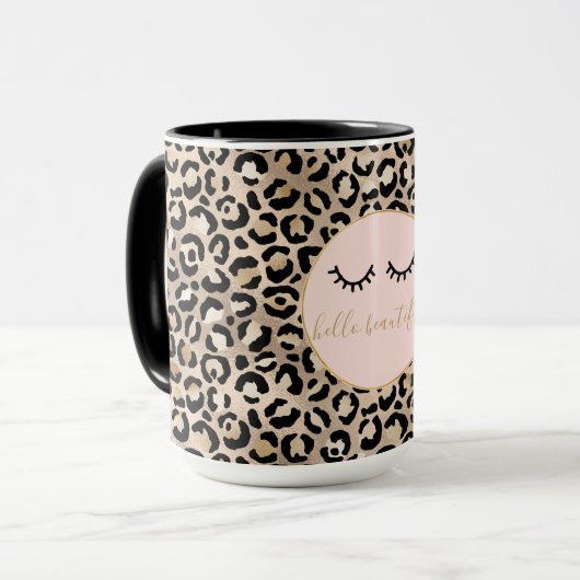 Girly Black Eyelashes Gold Glam Leopard Print   Mok (Voorkant links)