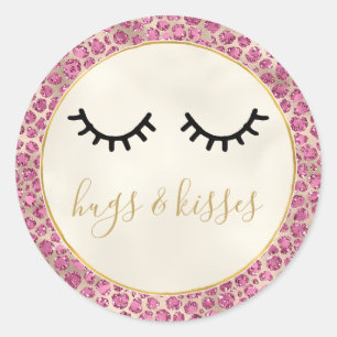 Girly Black Eyelashes Gold Pink Leopard Print Ronde Sticker