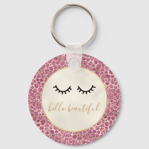 Girly Black Eyelashes Gold Pink Leopard Print Sleutelhanger