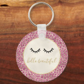 Girly Black Eyelashes Gold Pink Leopard Print Sleutelhanger (Voorkant)