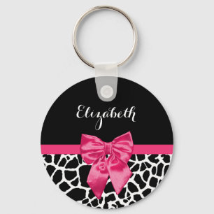 Girly Black Giraffe Animal Print Cute Hot Pink Bow Sleutelhanger