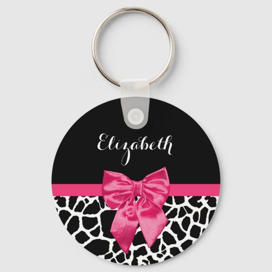 Girly Black Giraffe Animal Print Cute Hot Pink Bow Sleutelhanger (Voorkant)