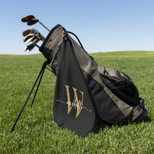 Girly Black Gold Elegant Monogram Name Script Golfhanddoek