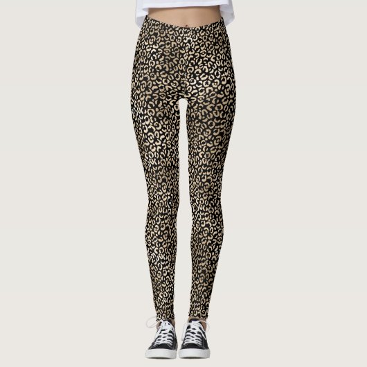Girly Black Gold Glam Leopard Print Leggings (Voorkant)
