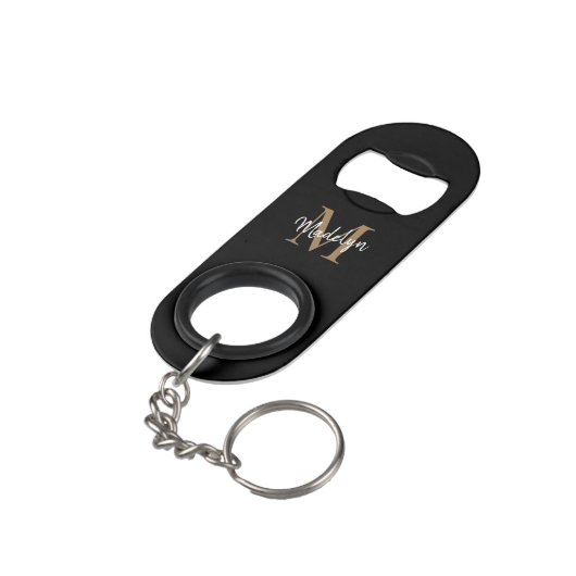 Girly Black Gold Monogram Elegant Chic Script Name Mini Flessenopener (Achterkant Gekanteld)