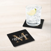 Girly Black Gold Monogram Elegant Modern Script Vierkante Kartonnen Onderzetter (Insitu)