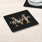 Girly Black Gold Monogram Elegant Modern Script Vierkante Kartonnen Onderzetter (Schuin)