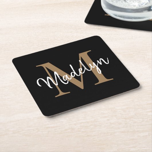 Girly Black Gold Monogram Elegant Modern Script Vierkante Kartonnen Onderzetter (Schuin)