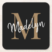 Girly Black Gold Monogram Elegant Modern Script Vierkante Kartonnen Onderzetter (Voorkant)