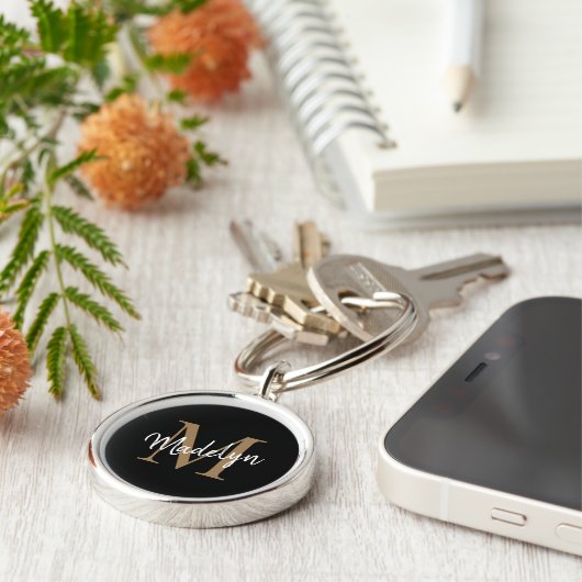 Girly Black Gold Monogram naam Elegant Chic Script Sleutelhanger (Zijkant)
