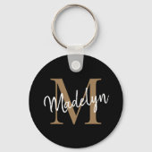 Girly Black Gold Monogram naam Elegant Chic Script Sleutelhanger (Voorkant)