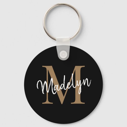 Girly Black Gold Monogram naam Elegant Chic Script Sleutelhanger (Voorkant)