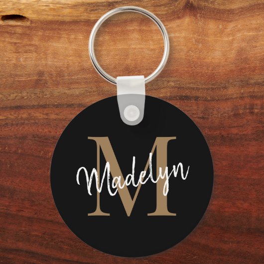 Girly Black Gold Monogram naam Elegant Chic Script Sleutelhanger (Voorkant)