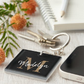 Girly Black Gold Monogram naam Elegant Chic Script Sleutelhanger (Voorkant Rechts)
