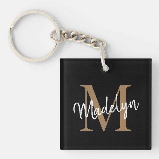 Girly Black Gold Monogram naam Elegant Chic Script Sleutelhanger (Voorkant)