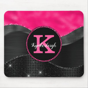 Girly Black Grey Hot Pink Waves Glam Monogram Naam Muismat
