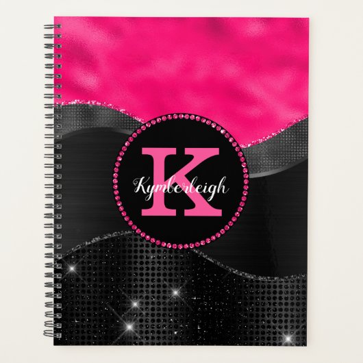 Girly Black Grey Hot Pink Waves Glam Monogram Naam Planner (Voorkant)