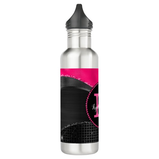 Girly Black Grey Hot Pink Waves Glam Monogram Naam Waterfles (Links)
