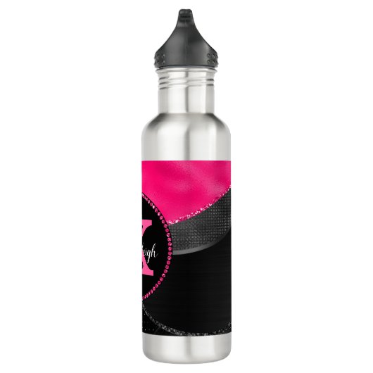 Girly Black Grey Hot Pink Waves Glam Monogram Naam Waterfles (Rechts)