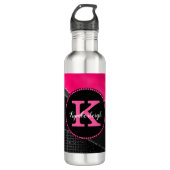 Girly Black Grey Hot Pink Waves Glam Monogram Naam Waterfles (Voorkant)