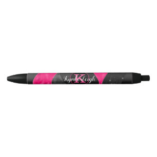 Girly Black Grey Hot Pink Waves Glam Monogram Naam Zwarte Inkt Pen