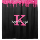 Girly Black Hot Pink Glitter Drift Monogram Naam Douchegordijn (Voorkant)