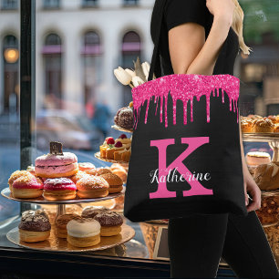 Girly Black Hot Pink Glitter Drift Monogram Naam Draagtas