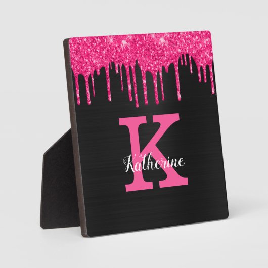 Girly Black Hot Pink Glitter Drift Monogram Naam Fotoplaat (Voorkant)