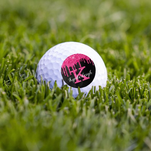 Girly Black Hot Pink Glitter Drift Monogram Naam Golfballen