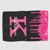 Girly Black Hot Pink Glitter Drift Monogram Naam Golfhanddoek (Horizontaal)
