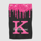 Girly Black Hot Pink Glitter Drift Monogram Naam Golfhanddoek (Voorkant)